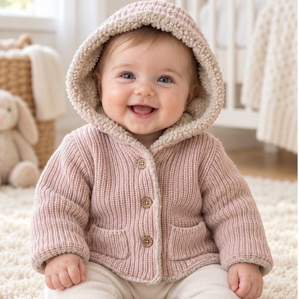 Baby Gap Pink Hooded Knit Jacket Sherpa Lined 3-6 Months